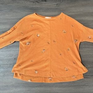 Altar'd State Orange Waffle Fabric Floral Embroidered Long Sleeve Shirt | Size M